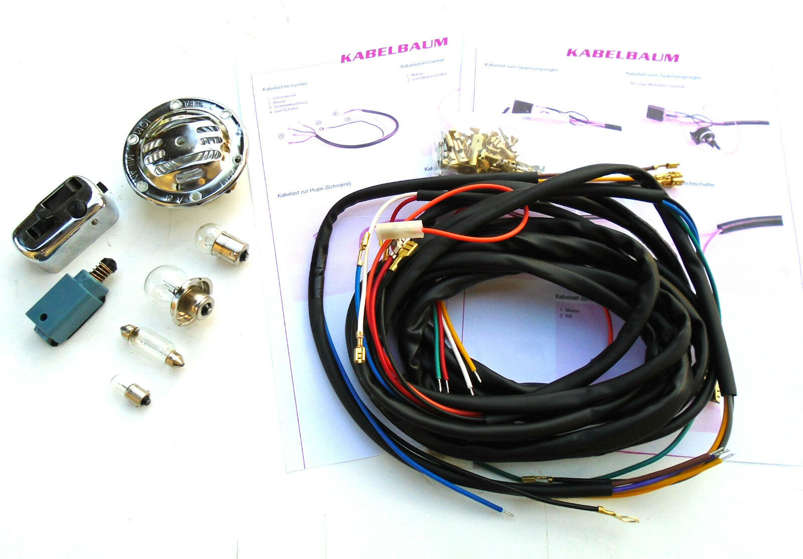 Vespa V50 N S L R Umrüst Zündung Set elektrisch 12V Birne Lichtschalter Kabelbaum Hupe NEU
