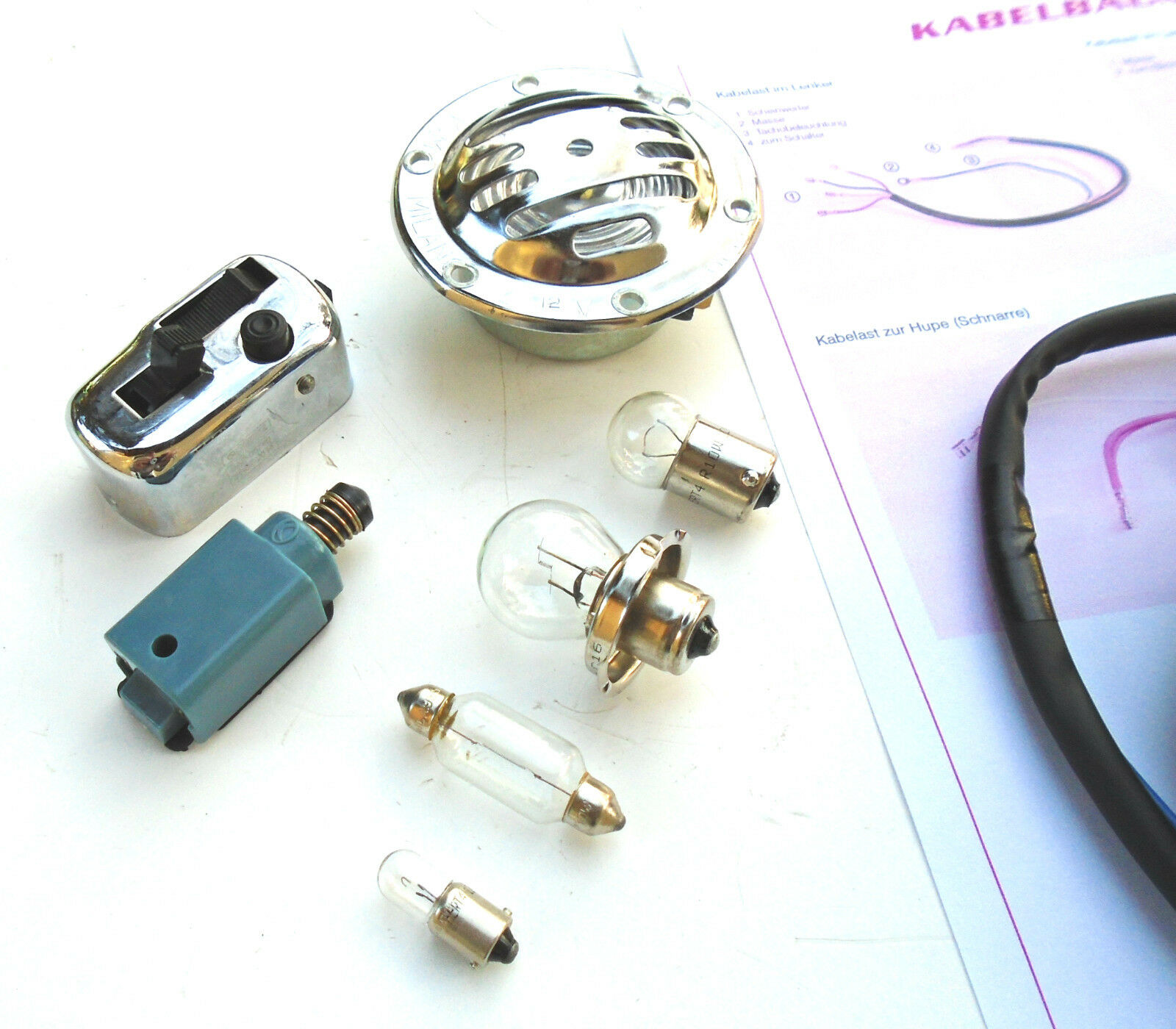 Vespa V50 N S L R Umrüst Zündung Set elektrisch 12V Birne Lichtschalter Kabelbaum Hupe NEU – Bild 2